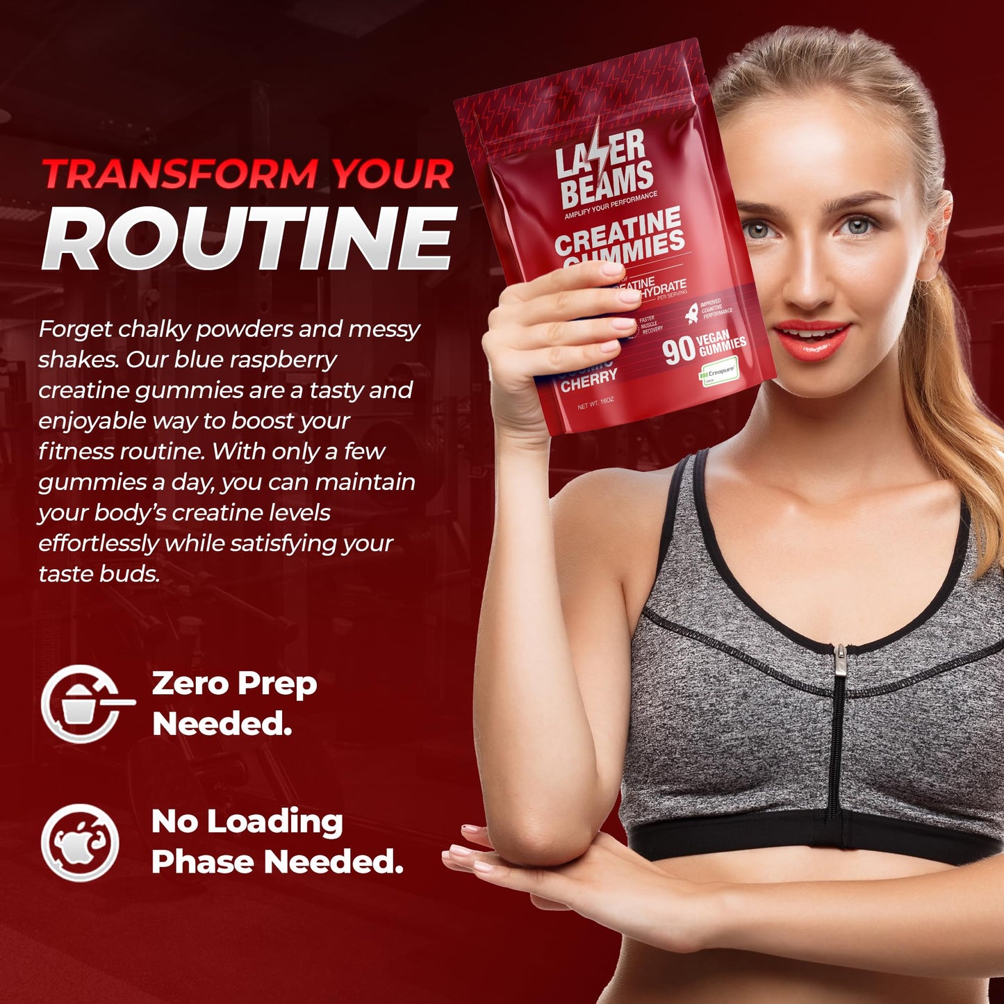 Laser Beams Creatine Monohydrate Gummies – 5g Creapure per Serving, Vegan & Gluten-Free (Strawberry)