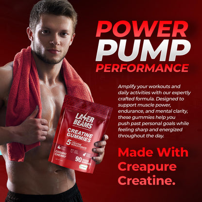 Laser Beams Creatine Monohydrate Gummies – 5g Creapure per Serving, Vegan & Gluten-Free (Strawberry)