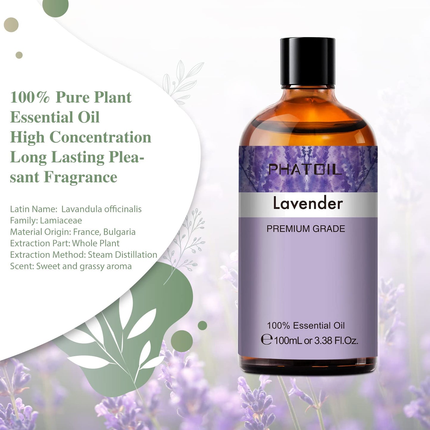 Lavender Essential Oil 3.38 fl oz (100 ml) | PHATOIL Aromatherapy for Diffuser, Humidifier | DIY Soap, Candle & Bath Bombs