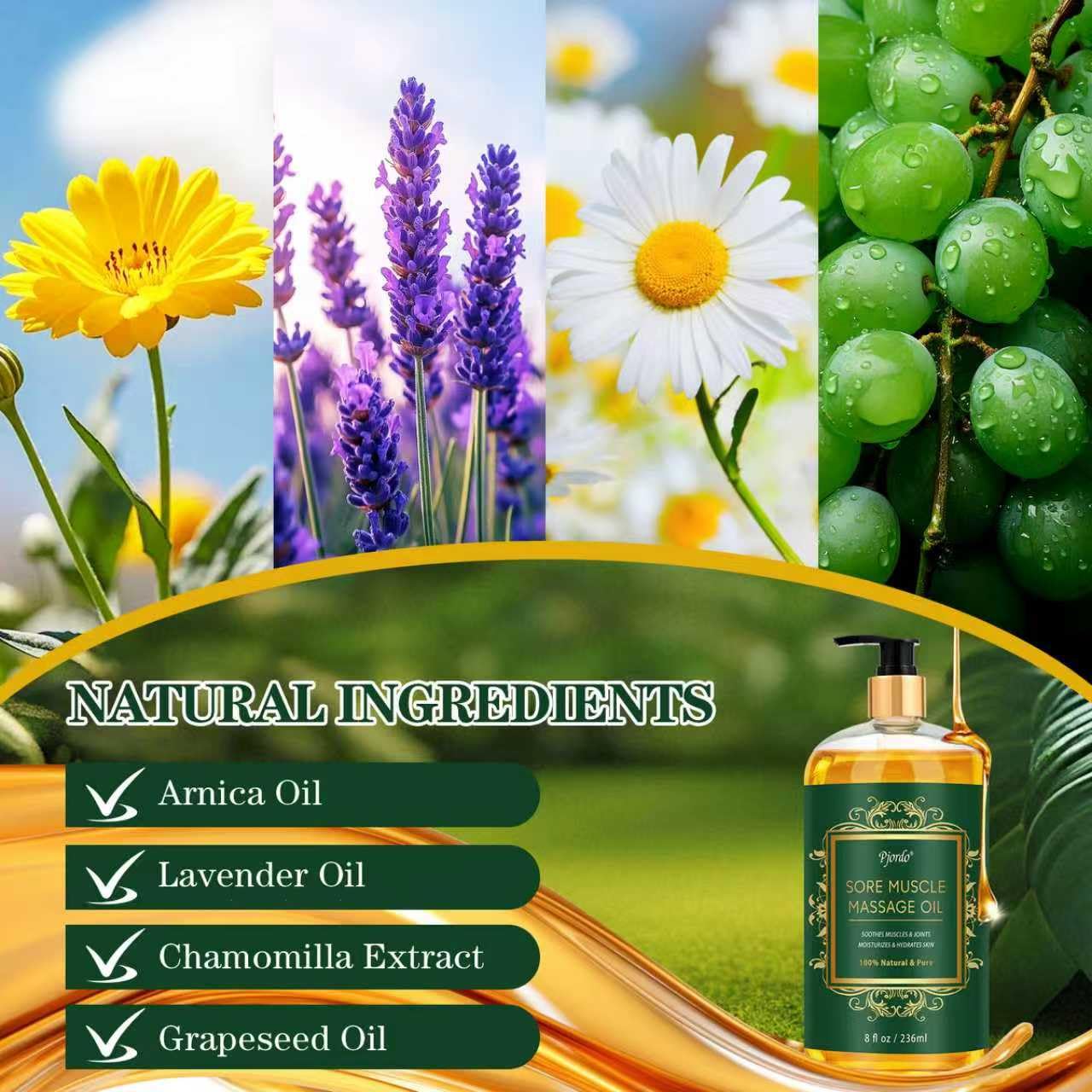 Pjordo Sore Muscle Massage Oil – 8 oz, Lavender, Arnica & Chamomile
