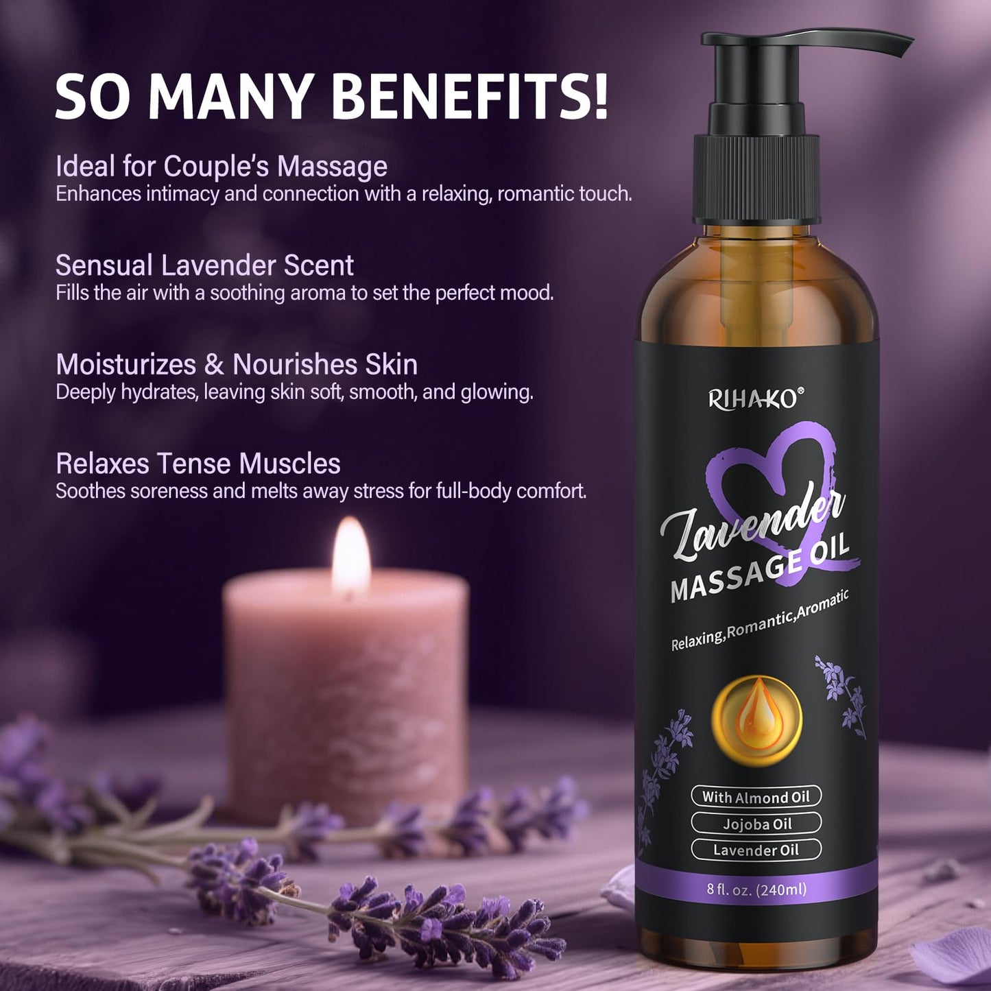 Date Night Lavender Body Massage Oil for Couples – Vegan, Smooth Glide (8 fl oz)