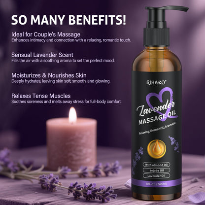 Date Night Lavender Body Massage Oil for Couples – Vegan, Smooth Glide (8 fl oz)