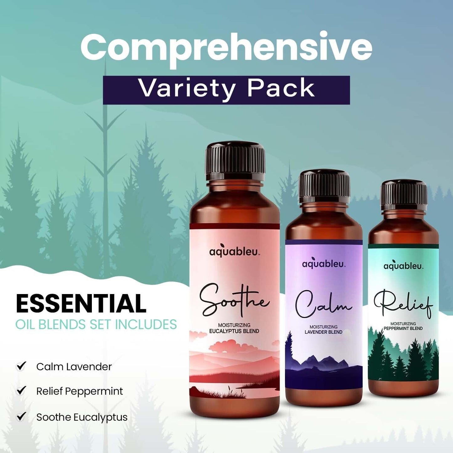 Essential Massage Oil Gift Set – Serenity Trio: Calm Lavender, Relief Peppermint, Soothe Eucalyptus (80 ml) – Beautiful Gift for Women