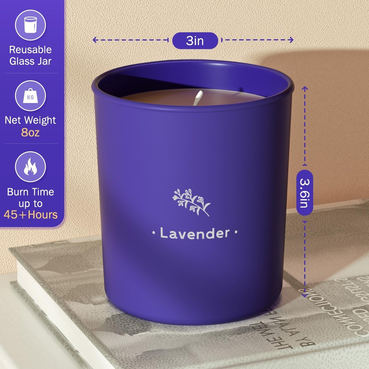 Lavender Soy Wax Candle, 8 oz, Purple Jar – 45-Hour Burn | Gift for Her
