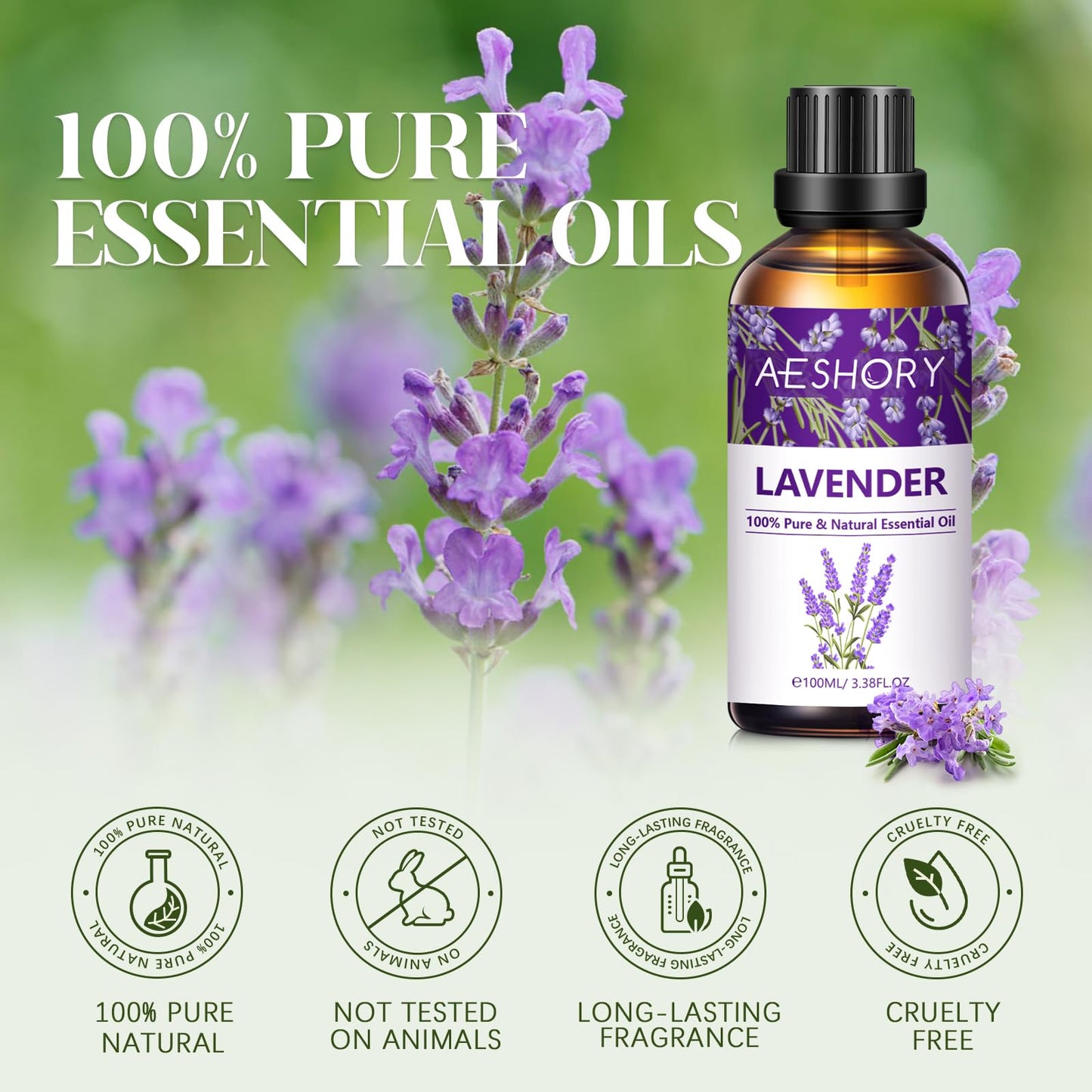 Lavender Essential Oil 3.38 fl oz (100 ml) | Aromatherapy Diffuser & Massage Oil