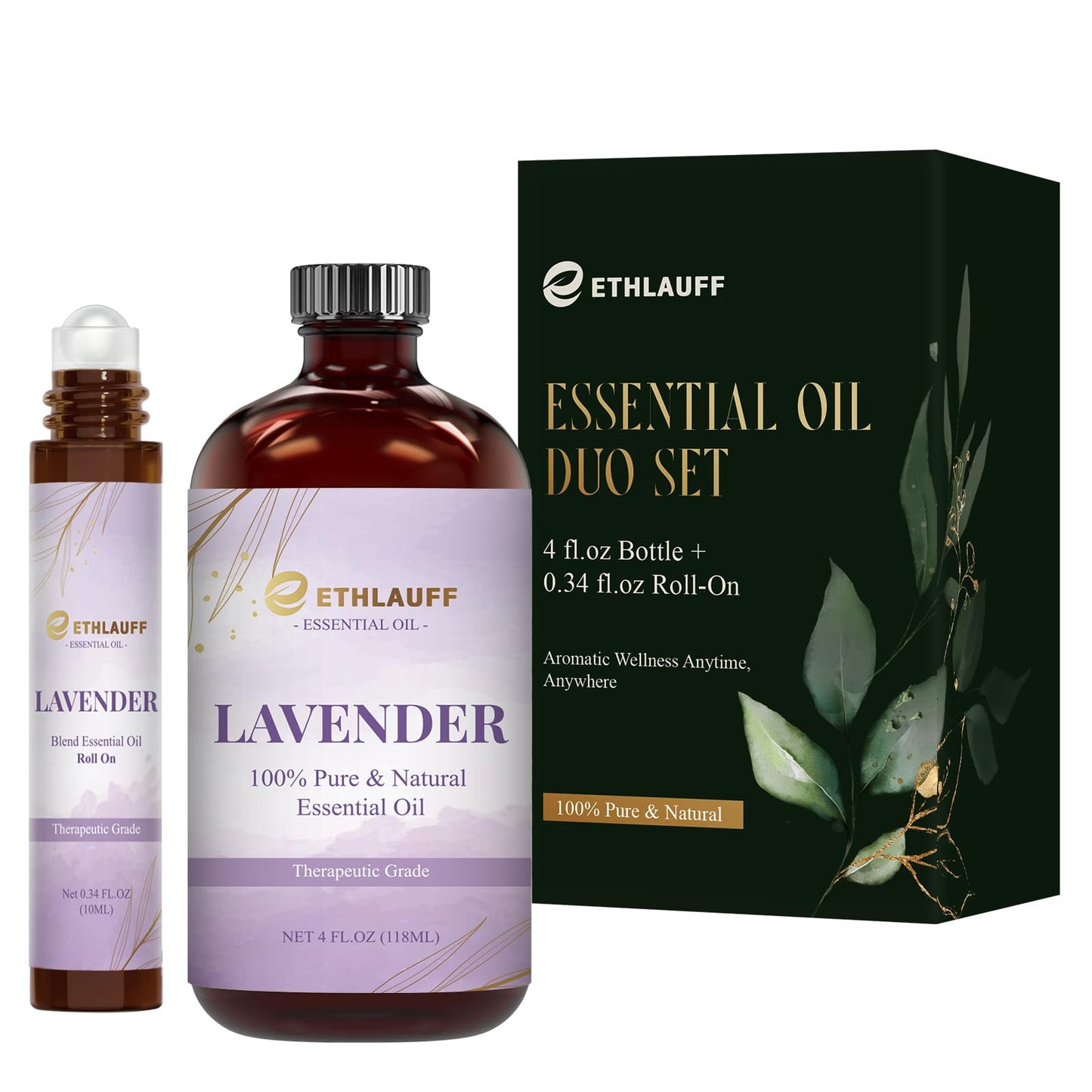 Lavender Essential Oil Duo – 4 oz Bottle + 0.34 oz Roll-On