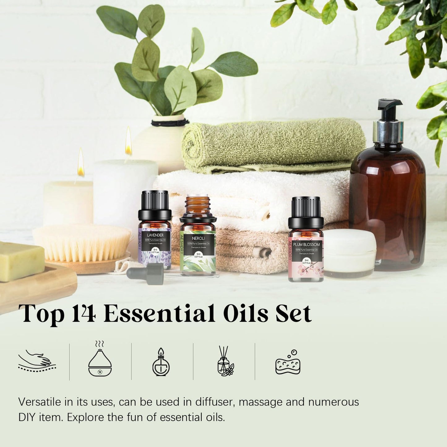 Floral Essential Oils Set - 14 Pcs for Diffusers, Aromatherapy & Candle Making | Lavender, Rose, Jasmine