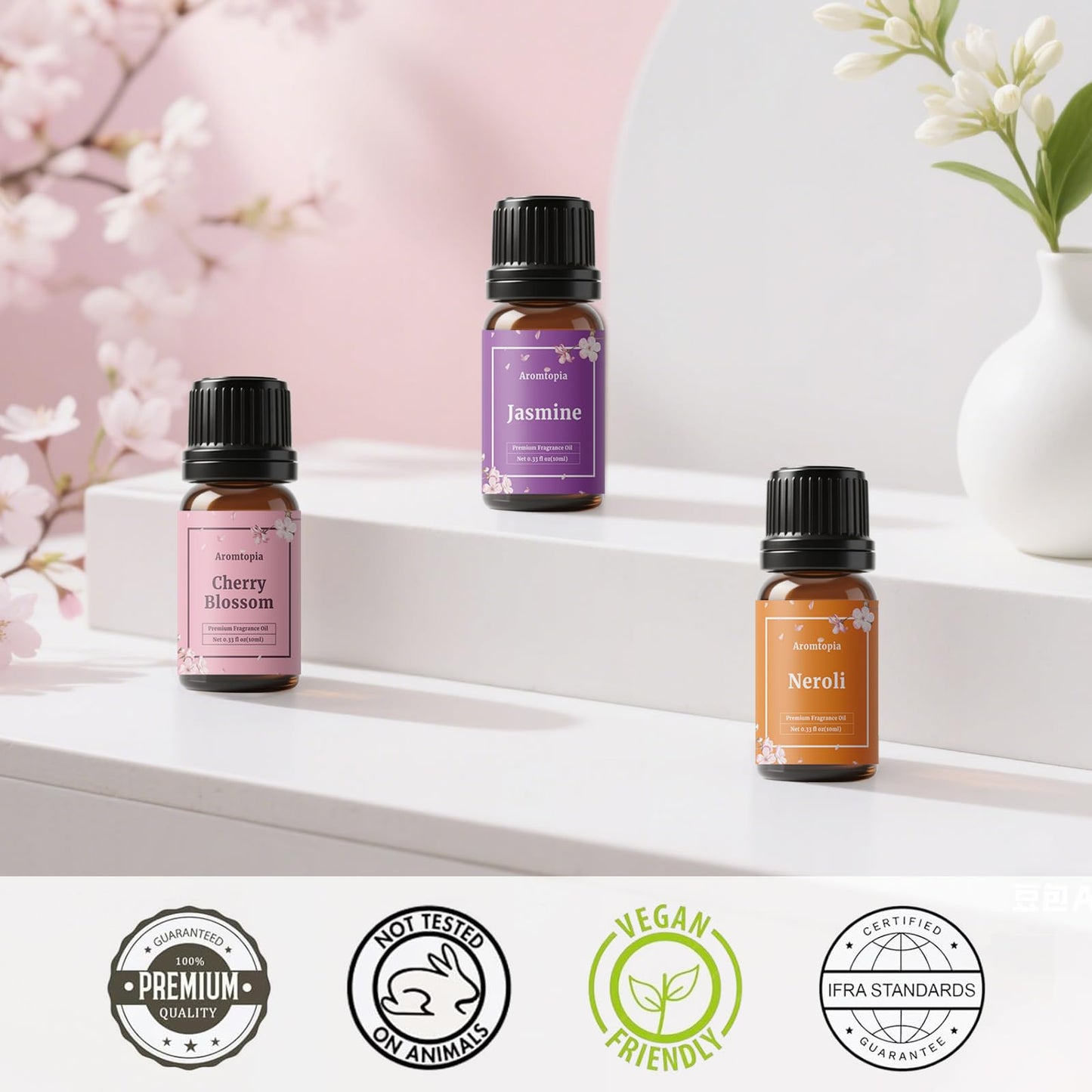 Floral Fragrance Oils 6x10ml – Aromtopia (Lavender, Rose, Gardenia, Neroli, Jasmine, Cherry Blossom)