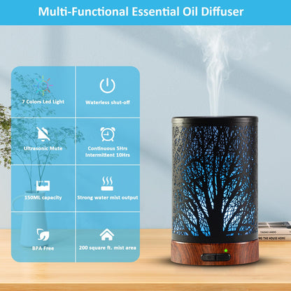 Oil Diffuser & Essential Oils Set (150ml) – 6 Oils, Auto Shut-Off, 7-Color Night Light | Gifts for Mom