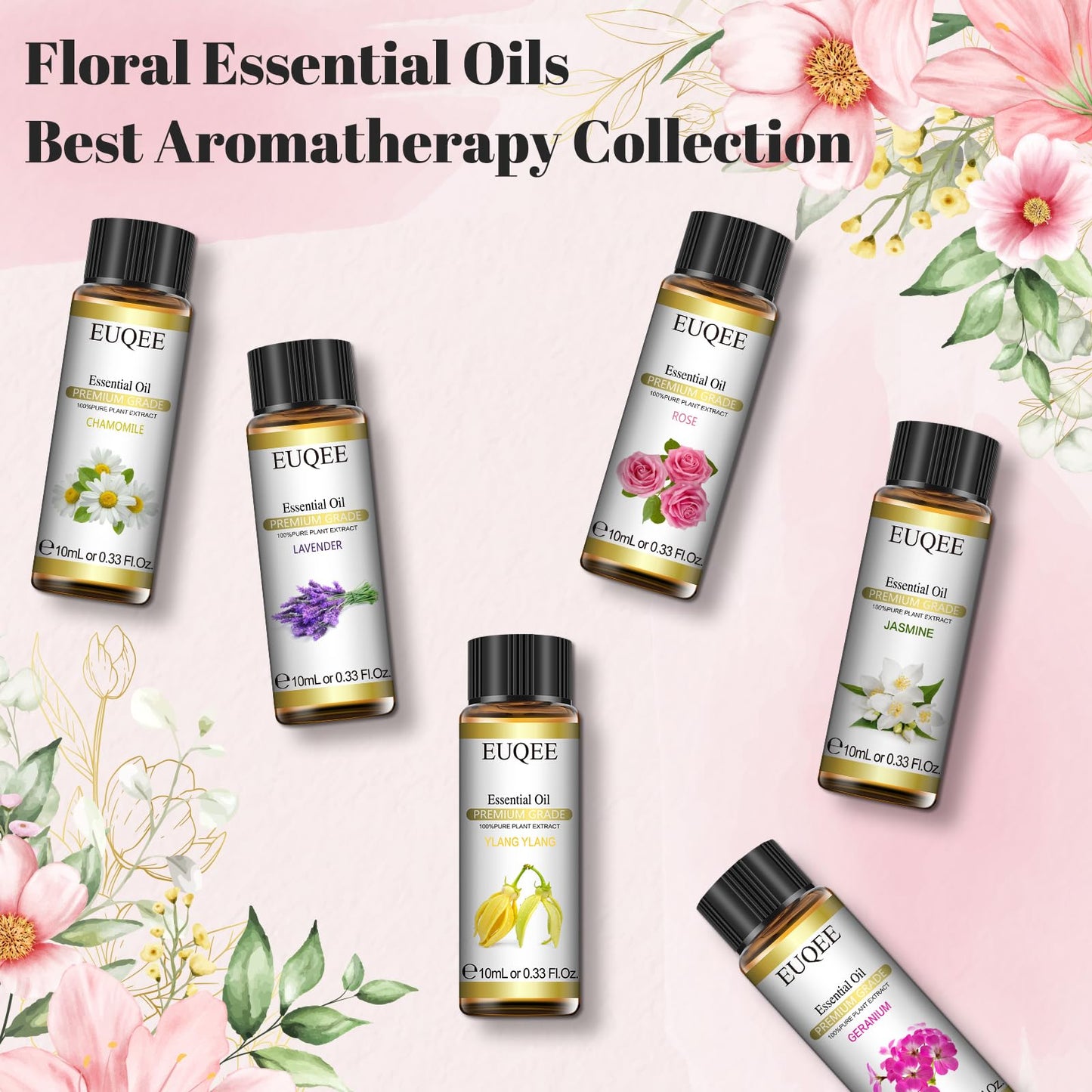 EUQEE Floral Essential Oils Set of 6 – 10ml Diffuser, Soap & Candle Oils