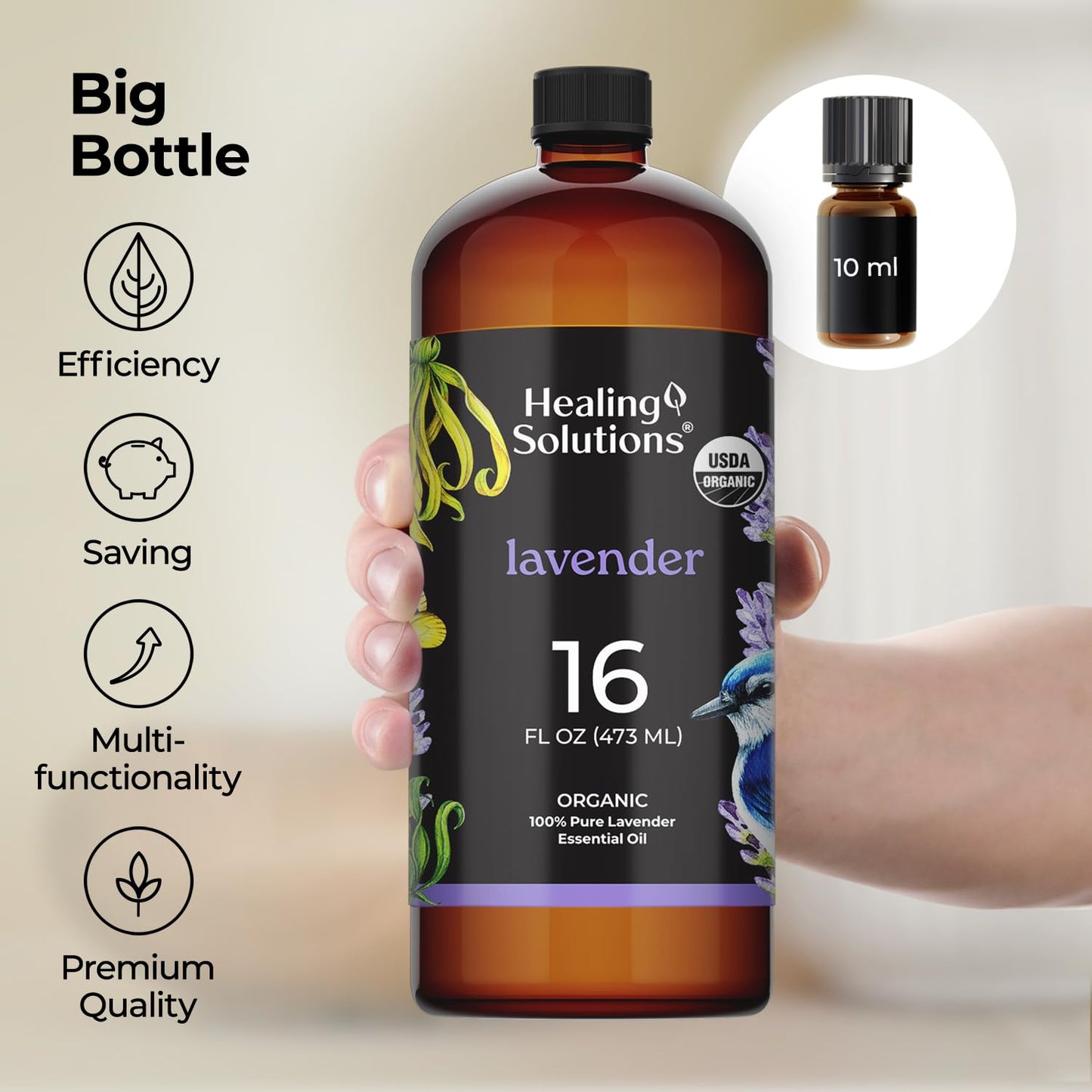 Healing Solutions Organic Lavender Essential Oil 16oz Bulk - Lavender Oil for Skin, Cleaning & Diffuser