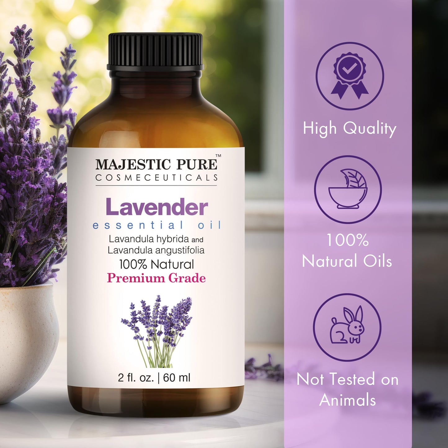 Majestic Pure Lavender Essential Oil 2 oz – 100% Pure & Natural, Glass Dropper
