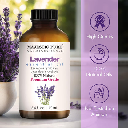 Majestic Pure Lavender Essential Oil - 3.4 Fl Oz, 100% Pure & Natural, Glass Dropper
