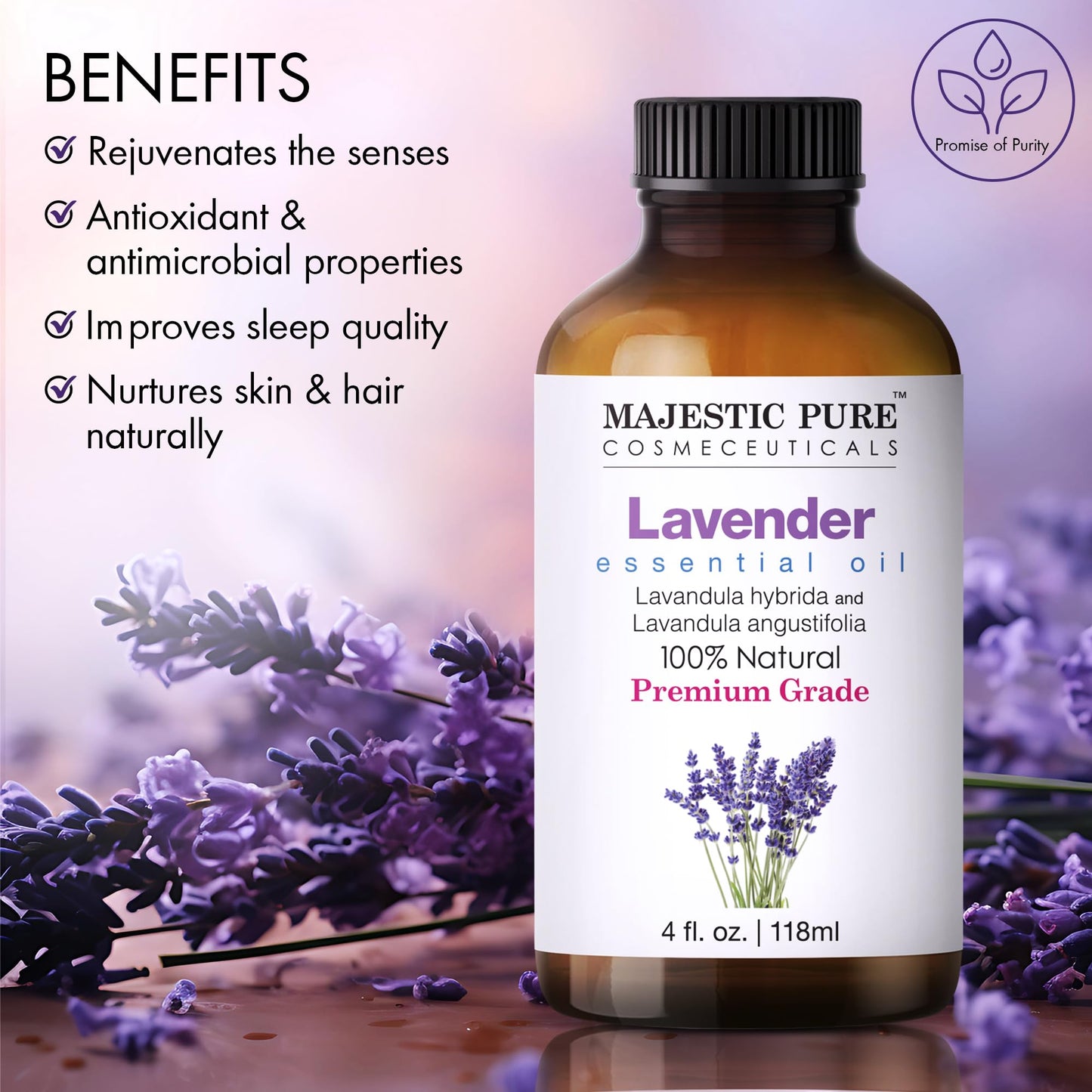 Majestic Pure Lavender Essential Oil (4 Oz x 2) – 100% Pure & Natural with Glass Dropper