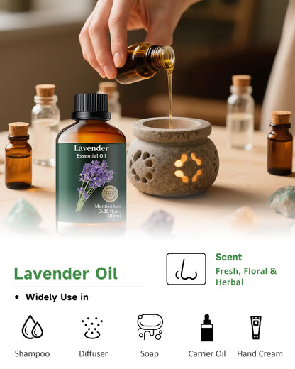 Pure Lavender Essential Oil - Mumianhua Natural Lavender Oil for Diffusers, Skin, Hair, Soap & Candles (3.38 Fl Oz)