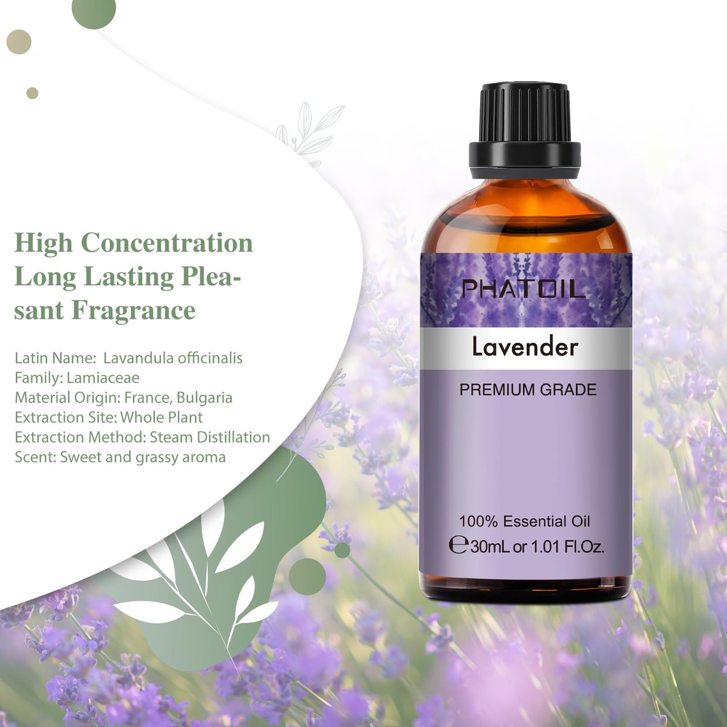 Lavender Essential Oil 30ml (1.01 fl oz) by PHATOIL | Aromatherapy, Diffuser & DIY Soap & Candle Making