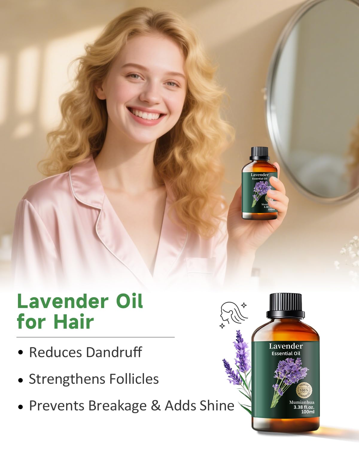 Pure Lavender Essential Oil - Mumianhua Natural Lavender Oil for Diffusers, Skin, Hair, Soap & Candles (3.38 Fl Oz)