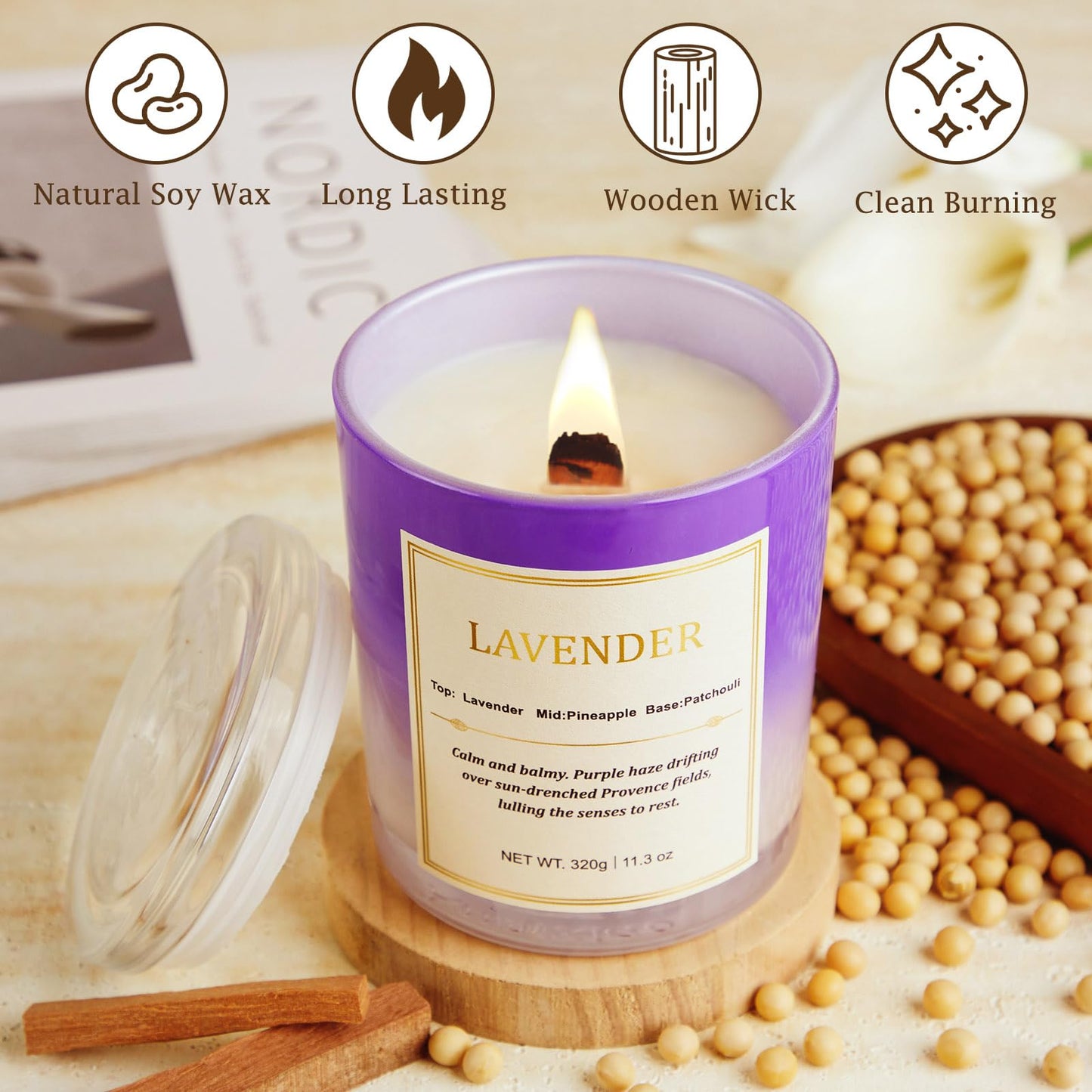 Lavender Candle Gift Set – 2 Pack Wood Wick Soy Candles with Gift Boxes