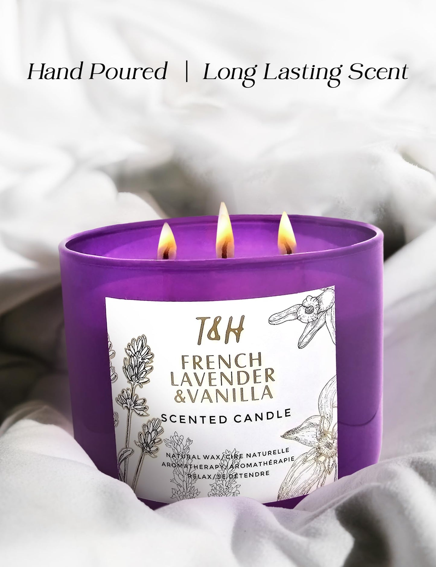 Lavender Vanilla Aromatherapy Candle – 3 Wick Soy, 15.8 oz | Relaxing Home Fragrance