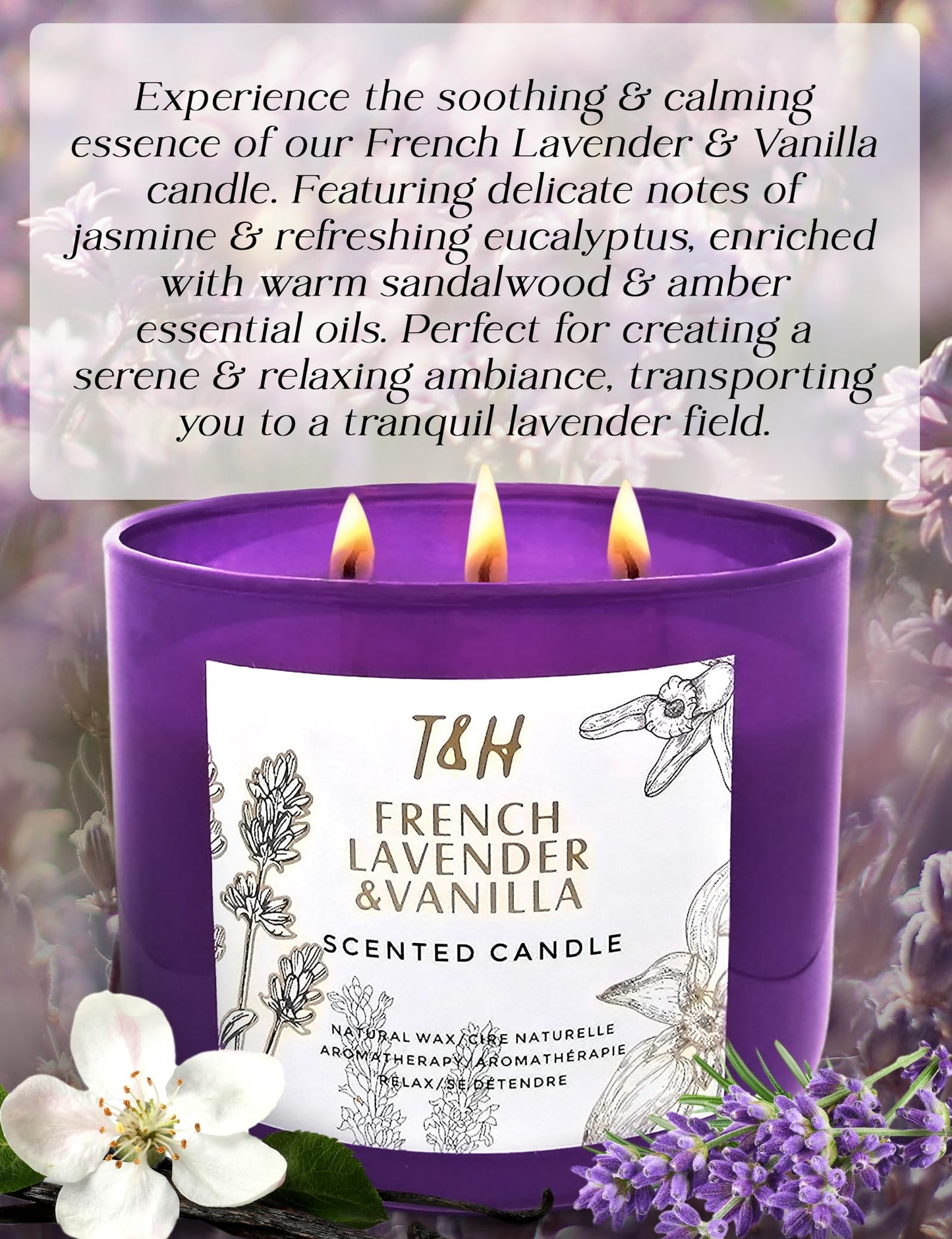 Lavender Vanilla Aromatherapy Candle – 3 Wick Soy, 15.8 oz | Relaxing Home Fragrance