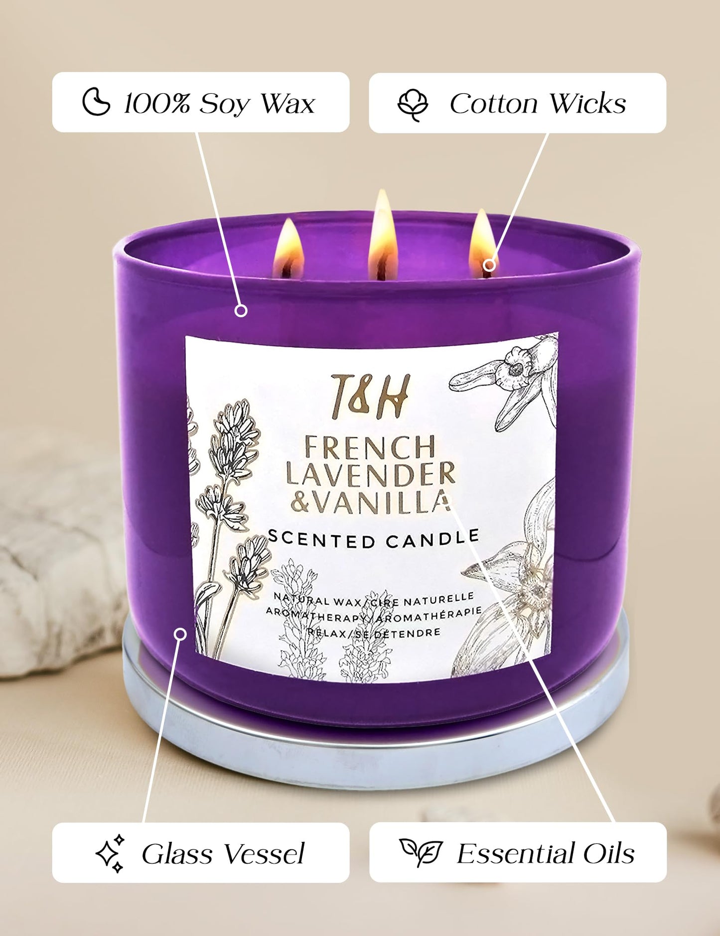 Lavender Vanilla Aromatherapy Candle – 3 Wick Soy, 15.8 oz | Relaxing Home Fragrance