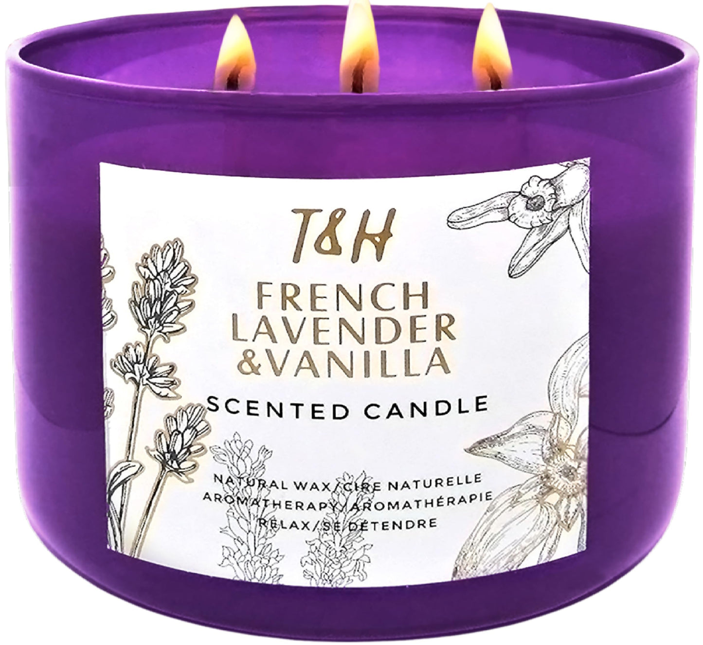 Lavender Vanilla Aromatherapy Candle – 3 Wick Soy, 15.8 oz | Relaxing Home Fragrance