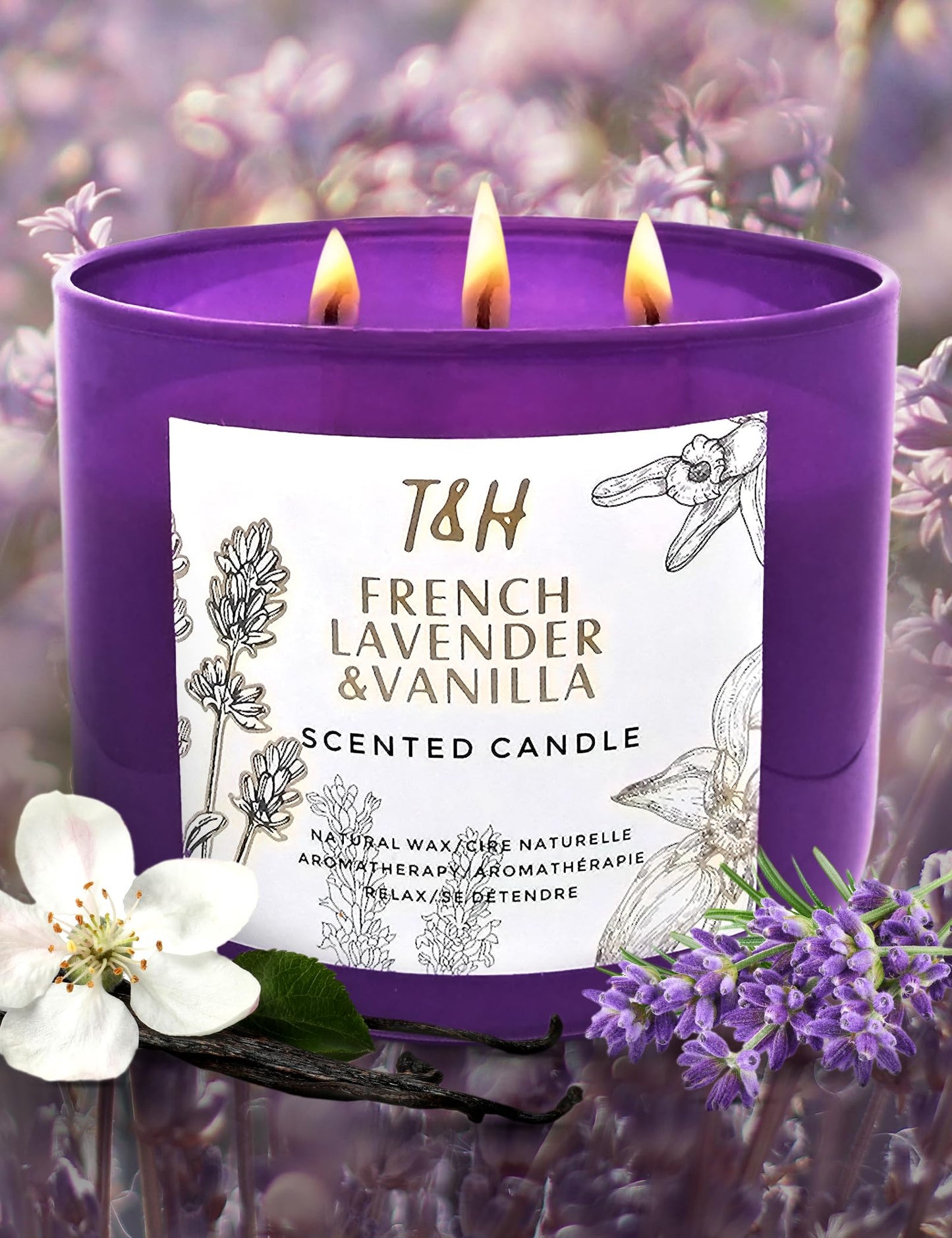 Lavender Vanilla Aromatherapy Candle – 3 Wick Soy, 15.8 oz | Relaxing Home Fragrance