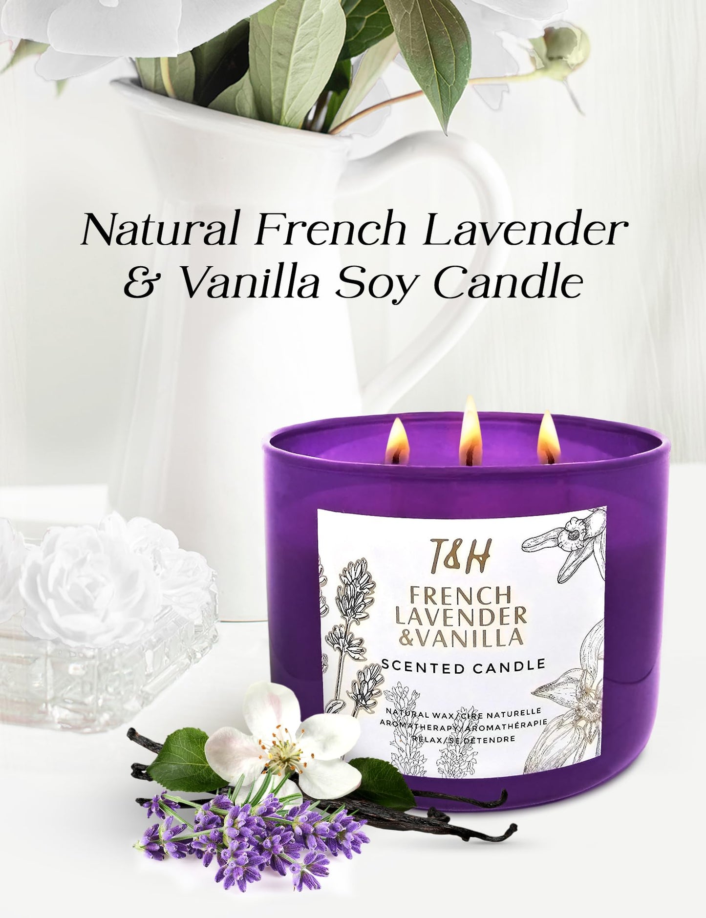 Lavender Vanilla Aromatherapy Candle – 3 Wick Soy, 15.8 oz | Relaxing Home Fragrance