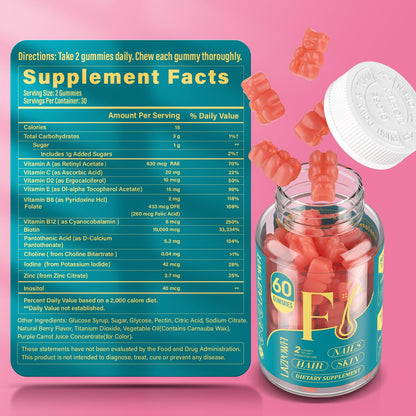 Lazpowfi Biotin Gummies - Hair, Skin & Nails Vitamins | Vegan B7, Strawberry, 60 Count