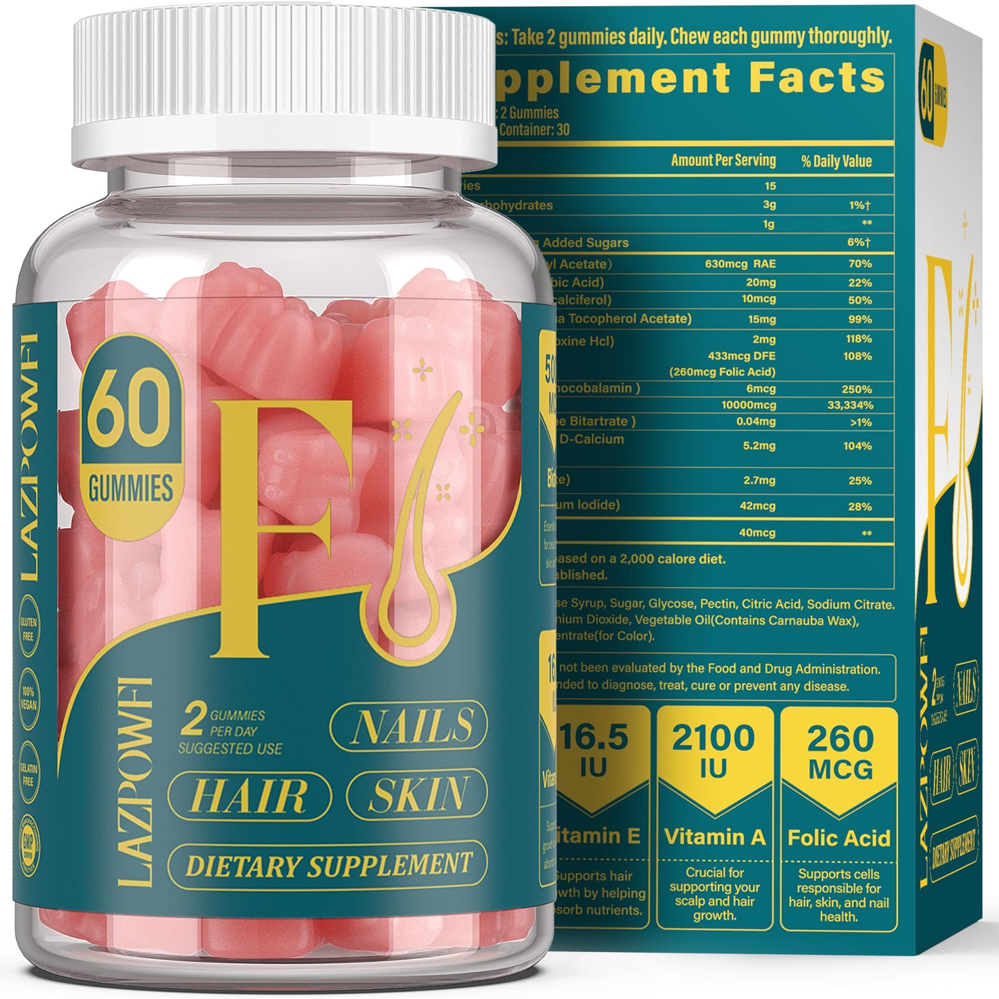 Lazpowfi Biotin Gummies – Hair, Skin & Nails Vitamins (Vegan Vitamin B7) – 60-Count Raspberry