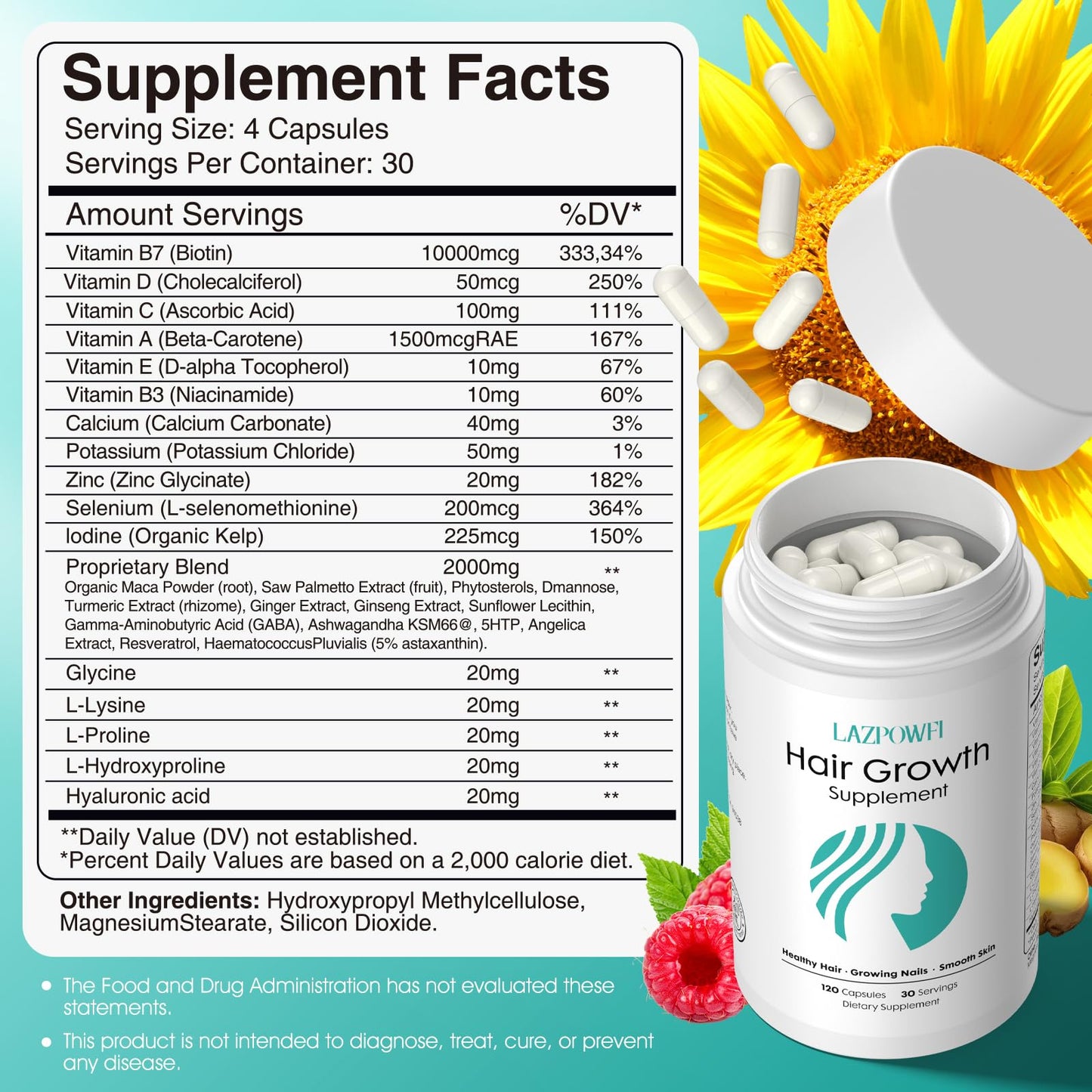 Lazpowfi Hair Growth Supplements - Biotin 10000mcg, 30-in-1 Vitamins