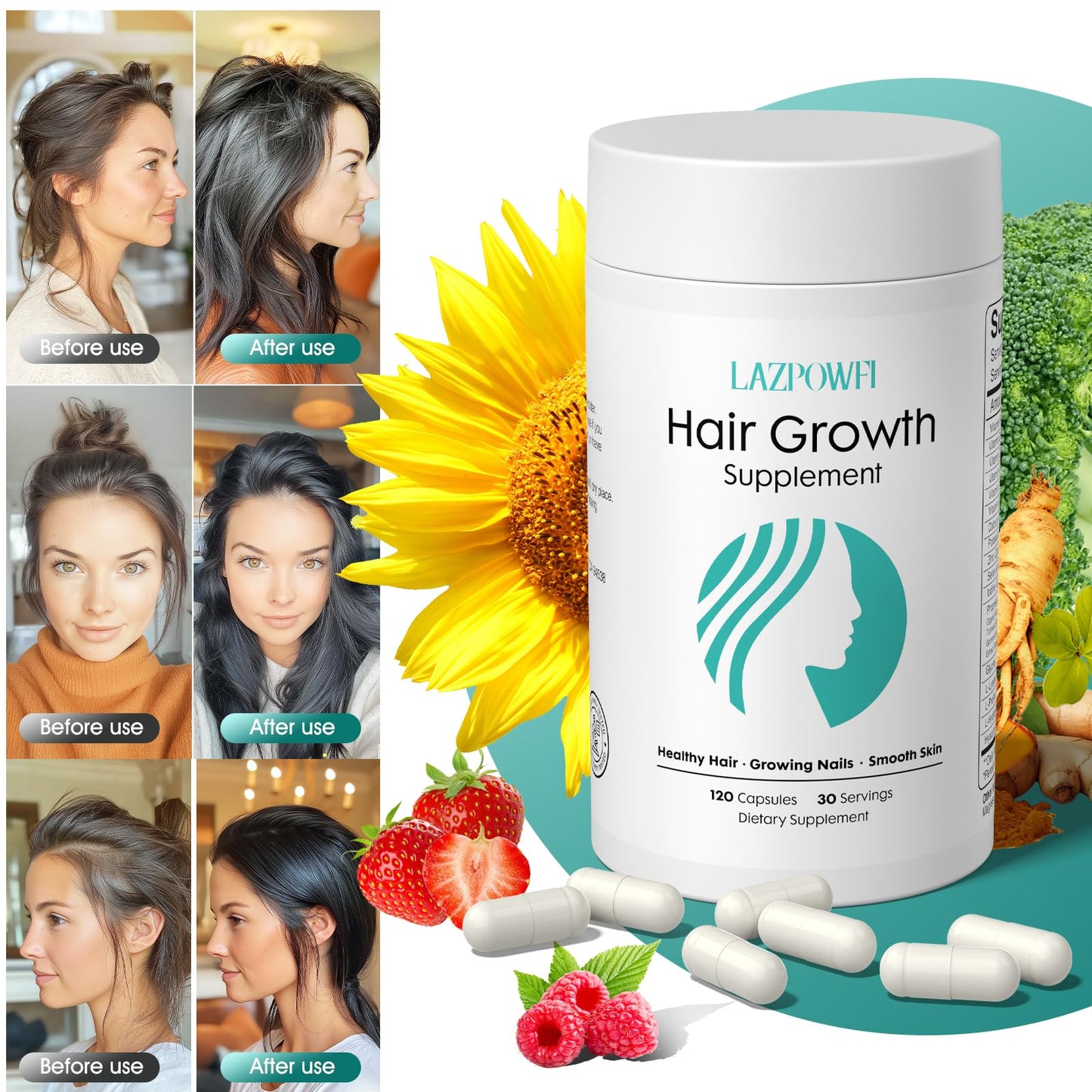 Lazpowfi Hair Growth Supplements - Biotin 10000mcg, 30-in-1 Vitamins
