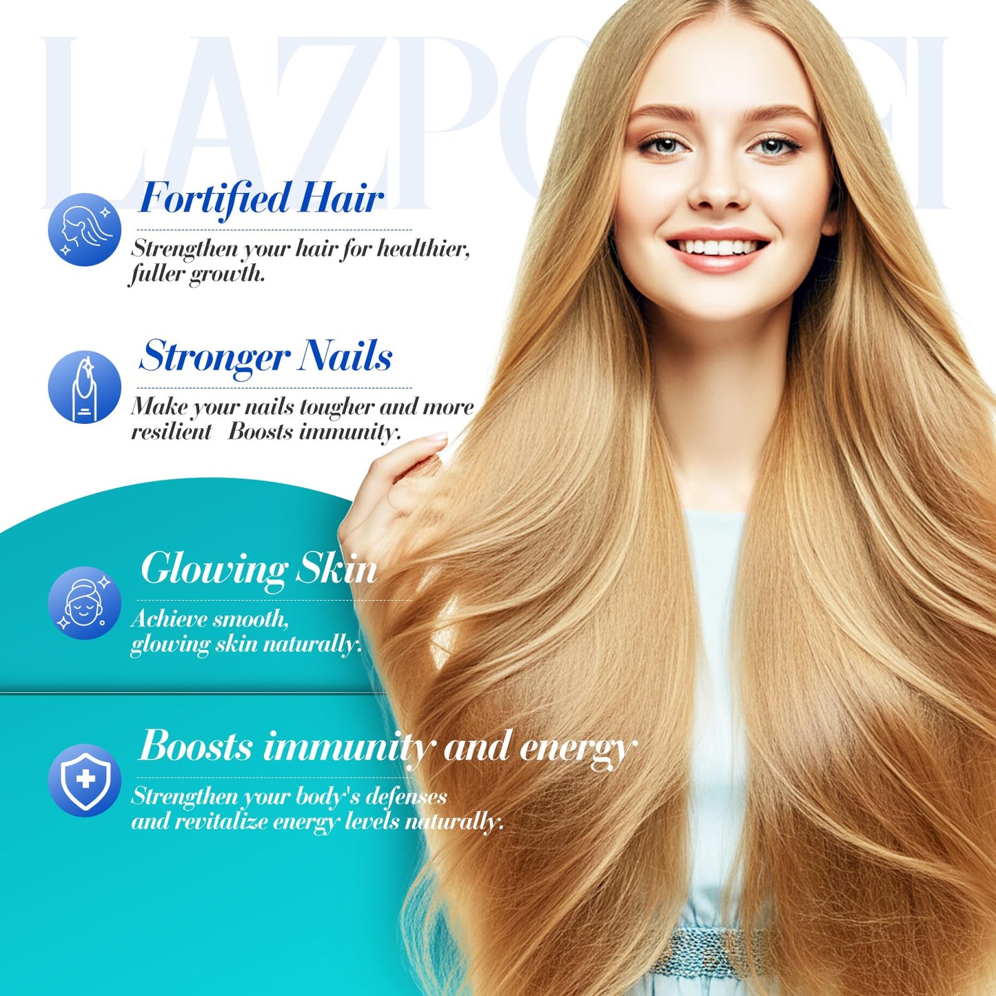 Lazpowfi Hair, Skin & Nails Vitamins – Biotin 10,000mcg + Collagen (90 Capsules)