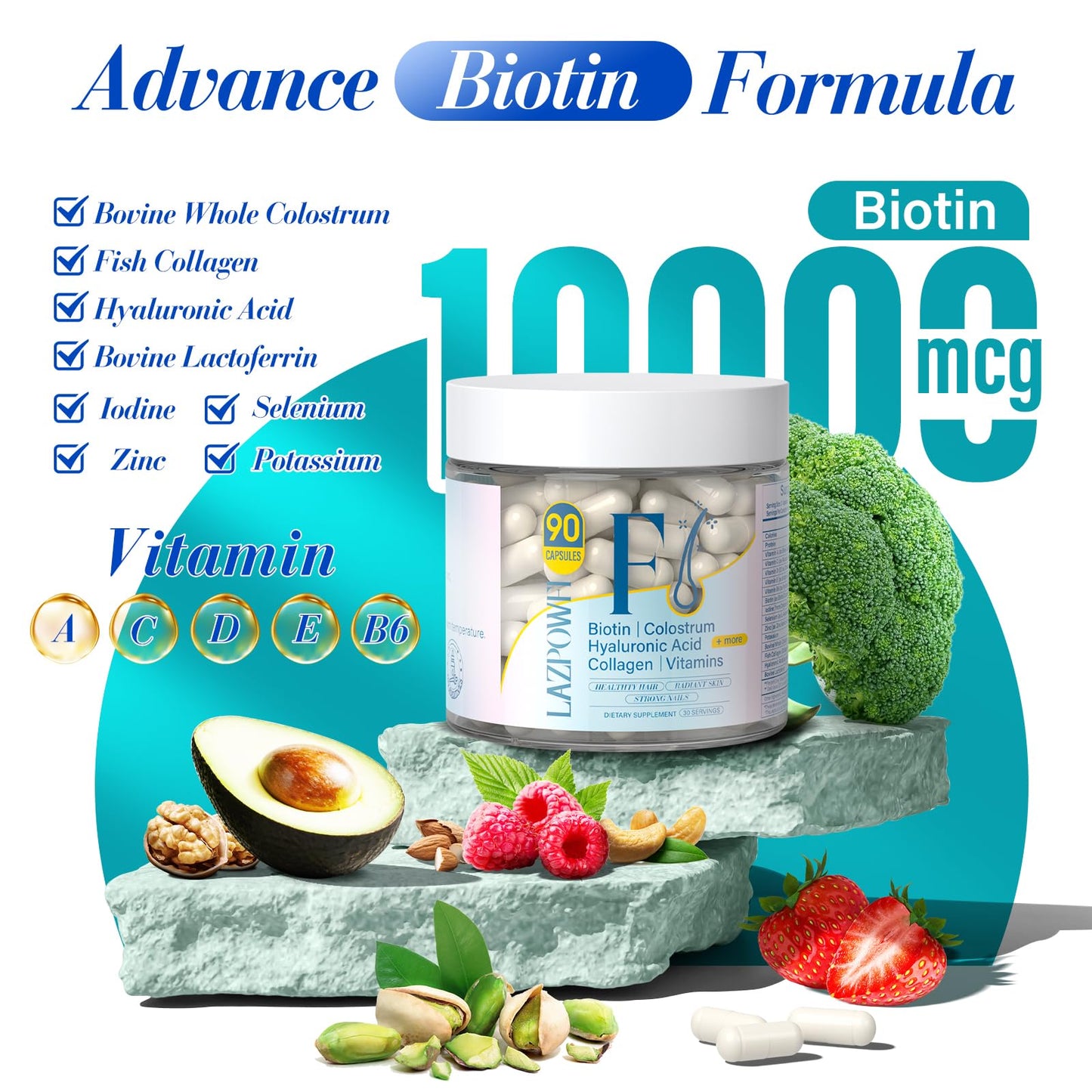 Lazpowfi Hair, Skin & Nails Vitamins – Biotin 10,000mcg + Collagen (90 Capsules)