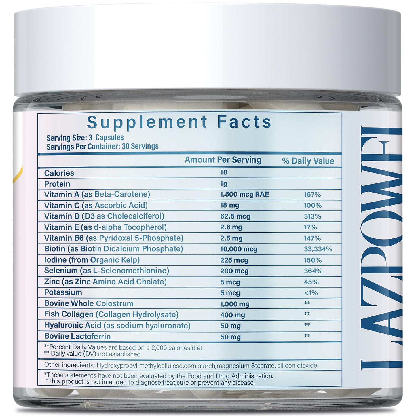Lazpowfi Hair, Skin & Nails Vitamins – Biotin 10,000mcg + Collagen (90 Capsules)