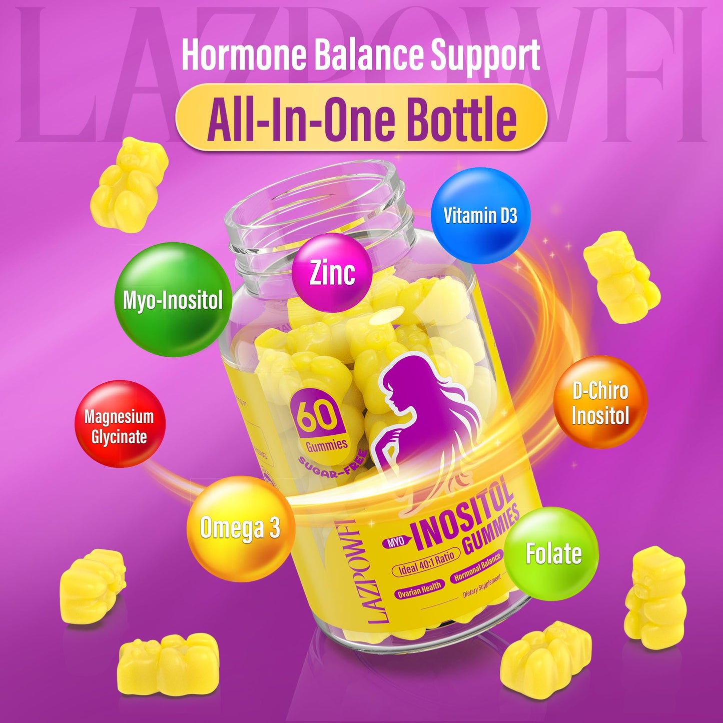 Lazpowfi Inositol Gummies 40:1 – Myo-Inositol & D-Chiro Inositol, 30 Day Supply