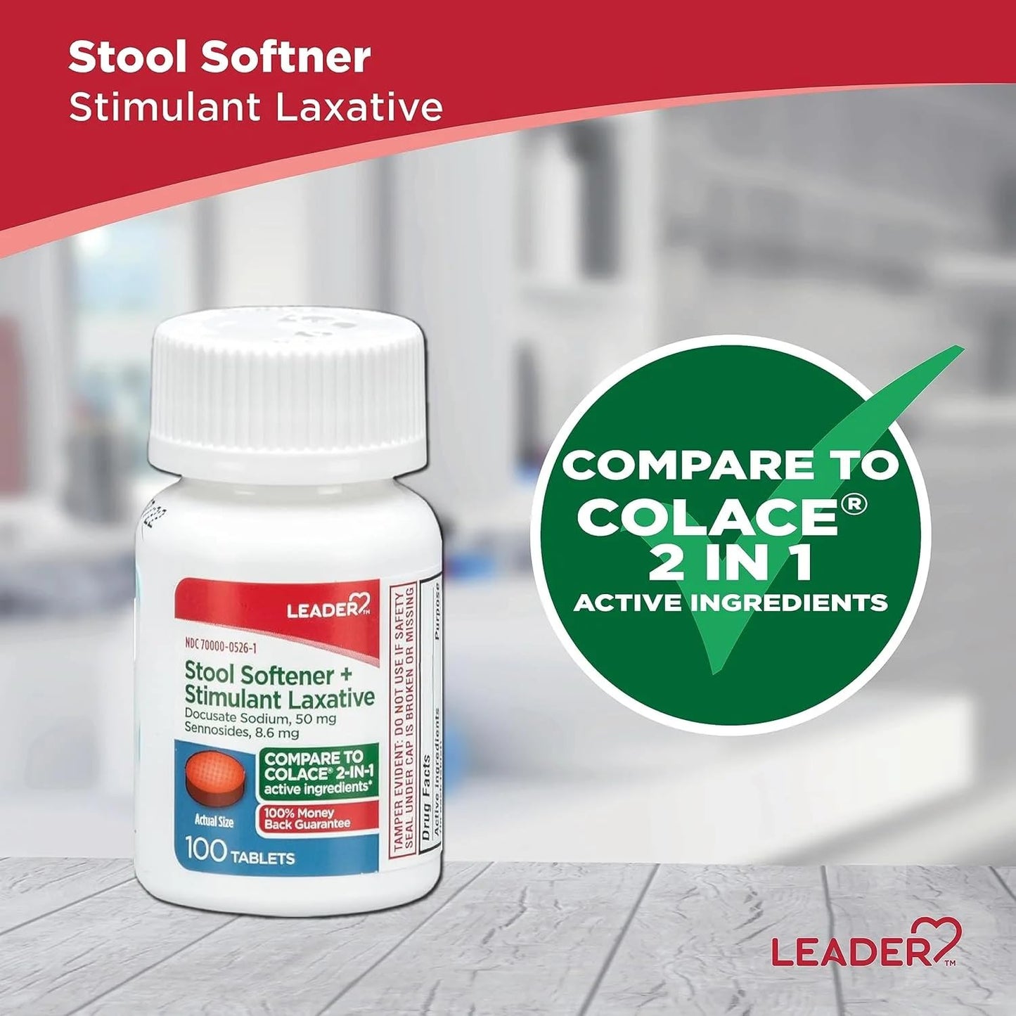 Leader 2-in-1 Stool Softener & Stimulant Laxative – Docusate Sodium 50 mg + Sennosides 8.6 mg – 100 Tablets