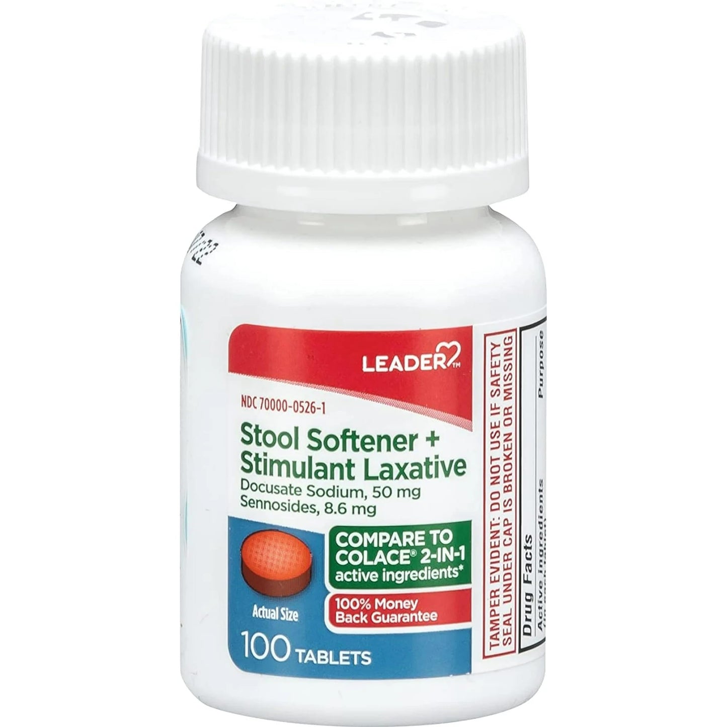 Leader 2-in-1 Stool Softener & Stimulant Laxative – Docusate Sodium 50 mg + Sennosides 8.6 mg – 100 Tablets