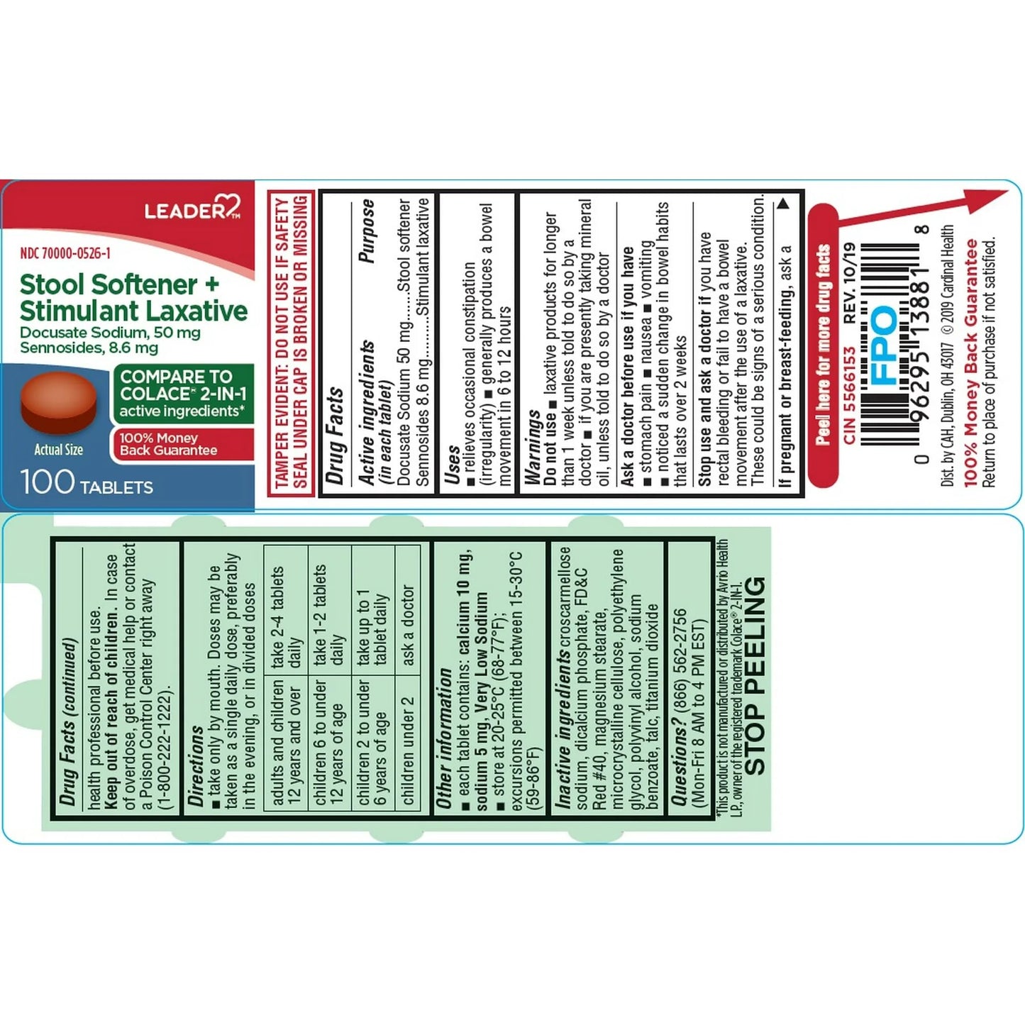 Leader 2-in-1 Stool Softener & Stimulant Laxative – Docusate Sodium 50 mg + Sennosides 8.6 mg – 100 Tablets