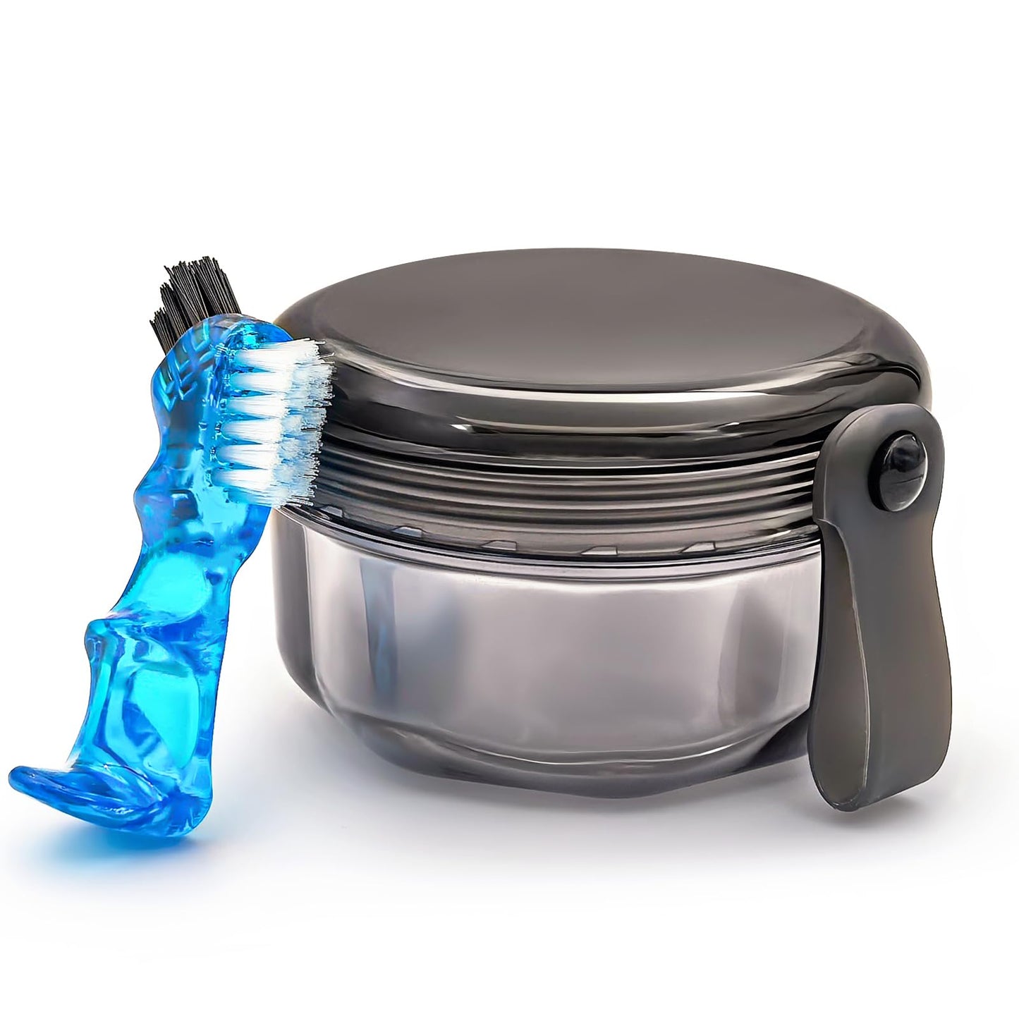 Leak Proof Denture Cups - Travel Bath Case with Brush, Transparent Black