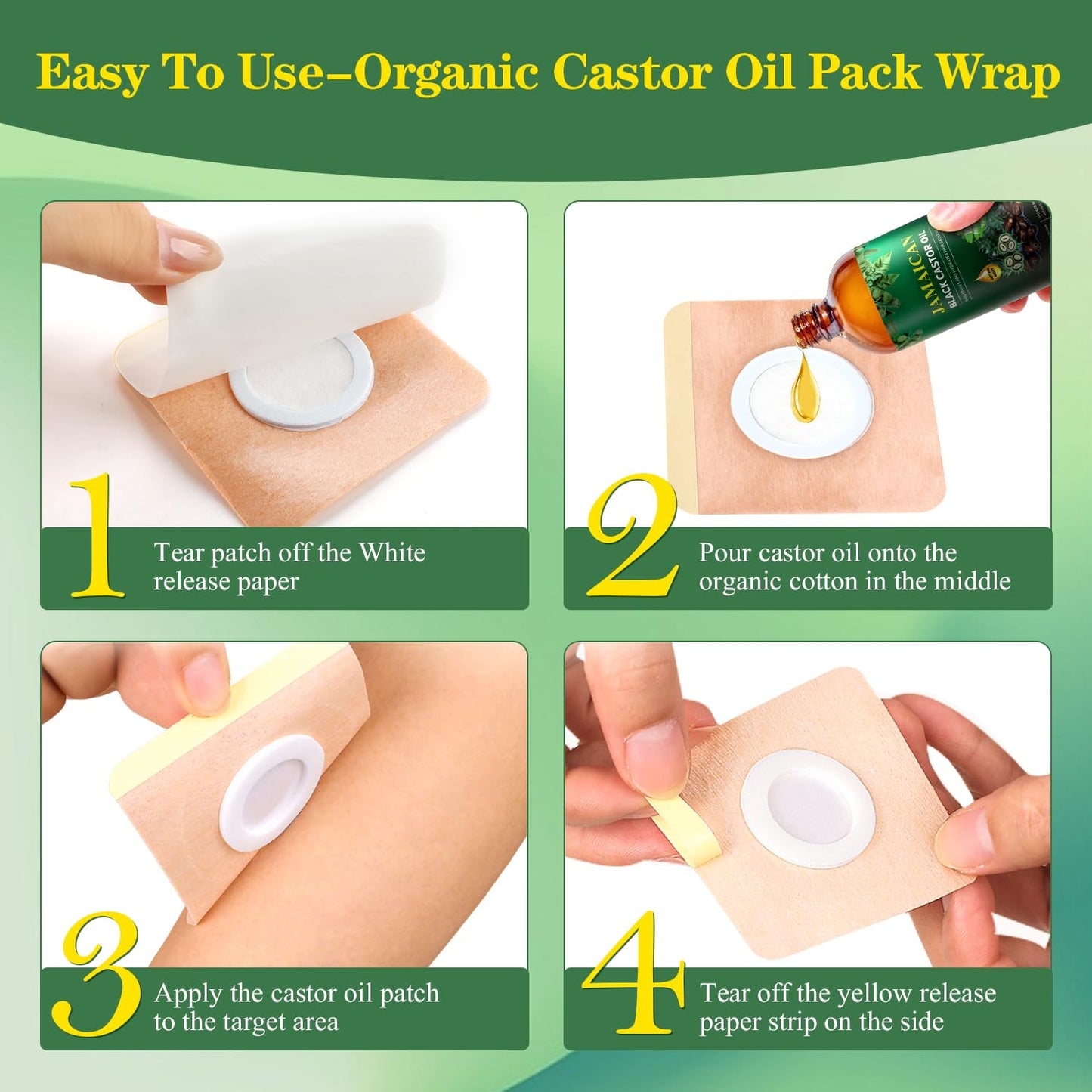 42 Pcs Castor Oil Pack Wrap Set with Organic Cold-Pressed Castor Oil – 6.76 oz Glass Bottle