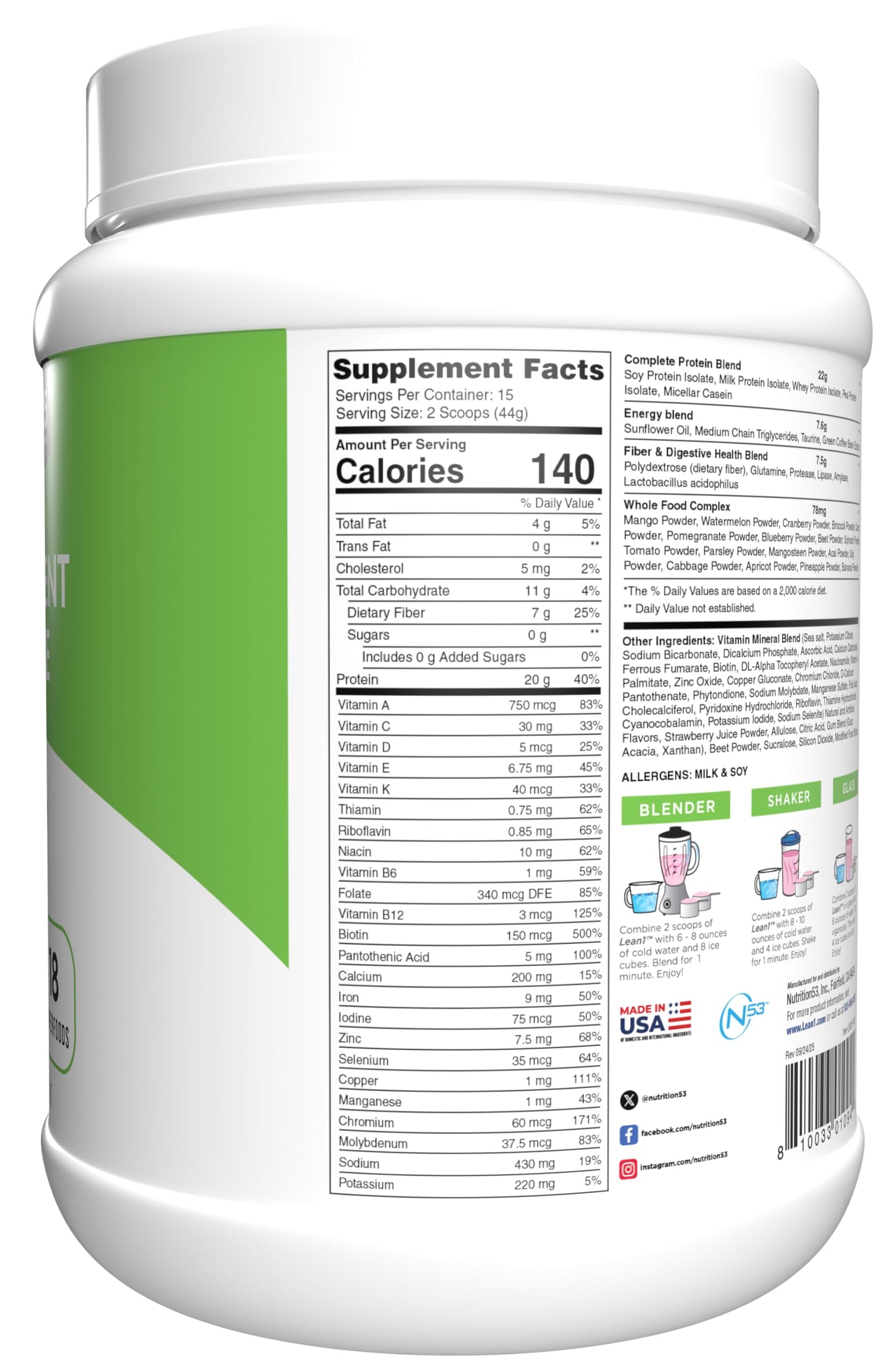 Lean1 Meal Replacement Protein Shake – Strawberry, 15 Servings | Vitamins, Digestive Support & Lean Muscle