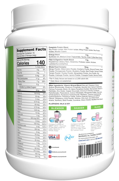 Lean1 Meal Replacement Protein Shake – Strawberry, 15 Servings | Vitamins, Digestive Support & Lean Muscle