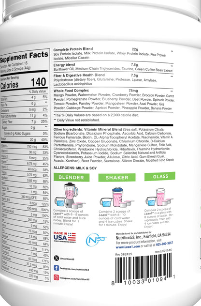 Lean1 Meal Replacement Protein Shake – Strawberry, 15 Servings | Vitamins, Digestive Support & Lean Muscle