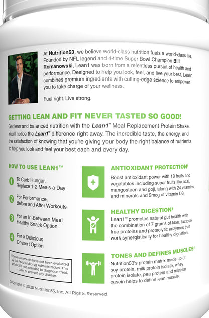 Lean1 Meal Replacement Protein Shake – Strawberry, 15 Servings | Vitamins, Digestive Support & Lean Muscle