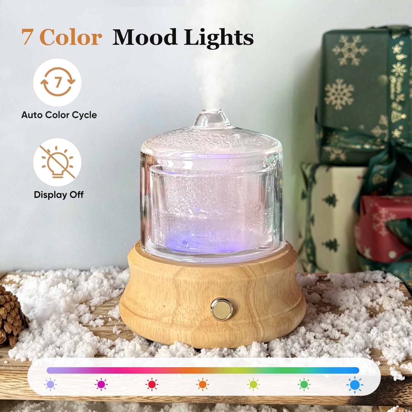 Lecdura 80ML Glass Diffuser – Auto-Off, 7 Color Lights, Wood Base