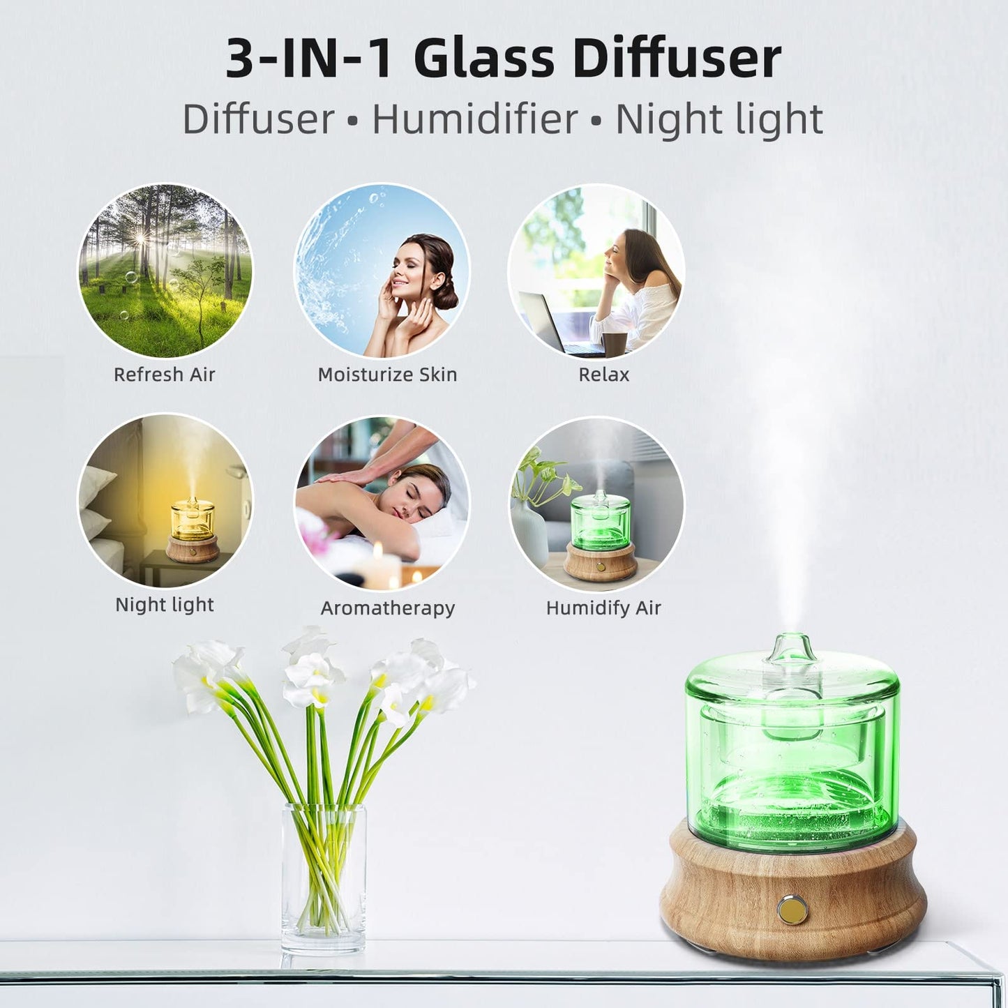 Lecdura Glass Essential Oil Diffuser 80ML – USB-C, Auto-Off, 7-Color Lights