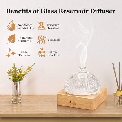 Lecdura Glass Essential Oil Diffuser – 200ml Ultrasonic Diffuser with Glass Reservoir & Wood Base, 7-Color Light, Auto-Off