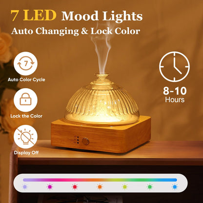 Lecdura Glass Essential Oil Diffuser – 200ml Ultrasonic Diffuser with Glass Reservoir & Wood Base, 7-Color Light, Auto-Off