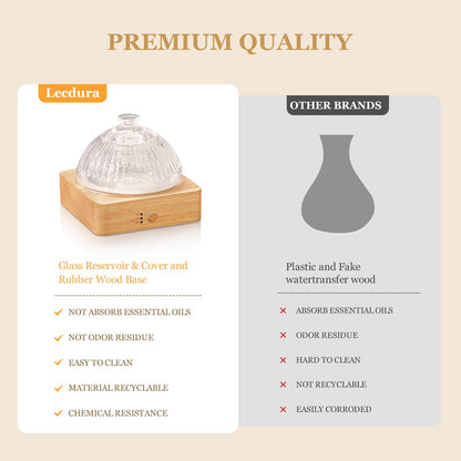 Lecdura Glass Essential Oil Diffuser – 200ml Ultrasonic Diffuser with Glass Reservoir & Wood Base, 7-Color Light, Auto-Off